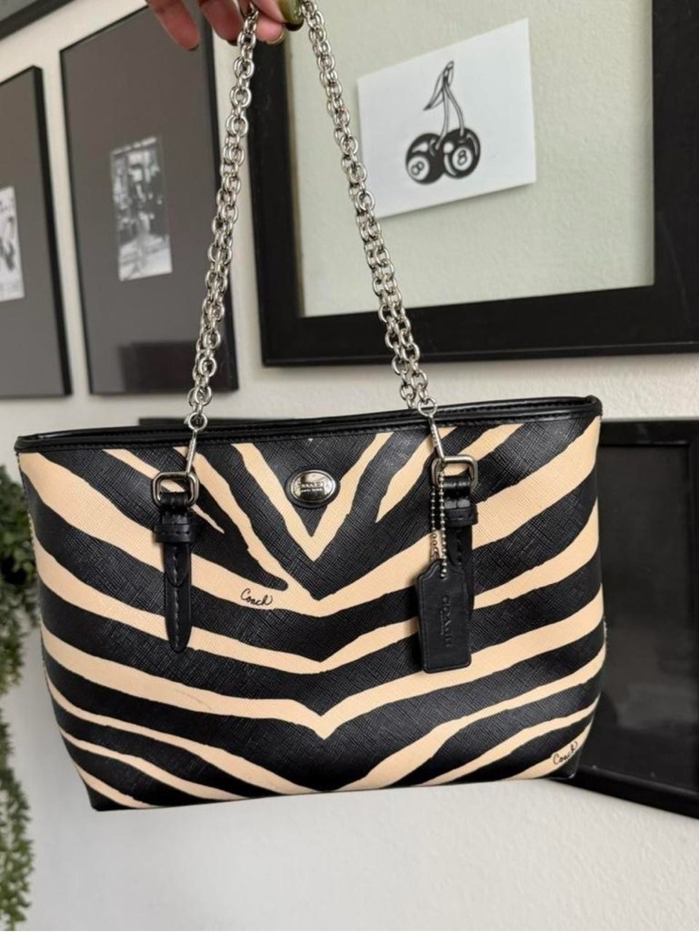 Coach Black and Cream Zebra-Print Chain Shoulder Tote